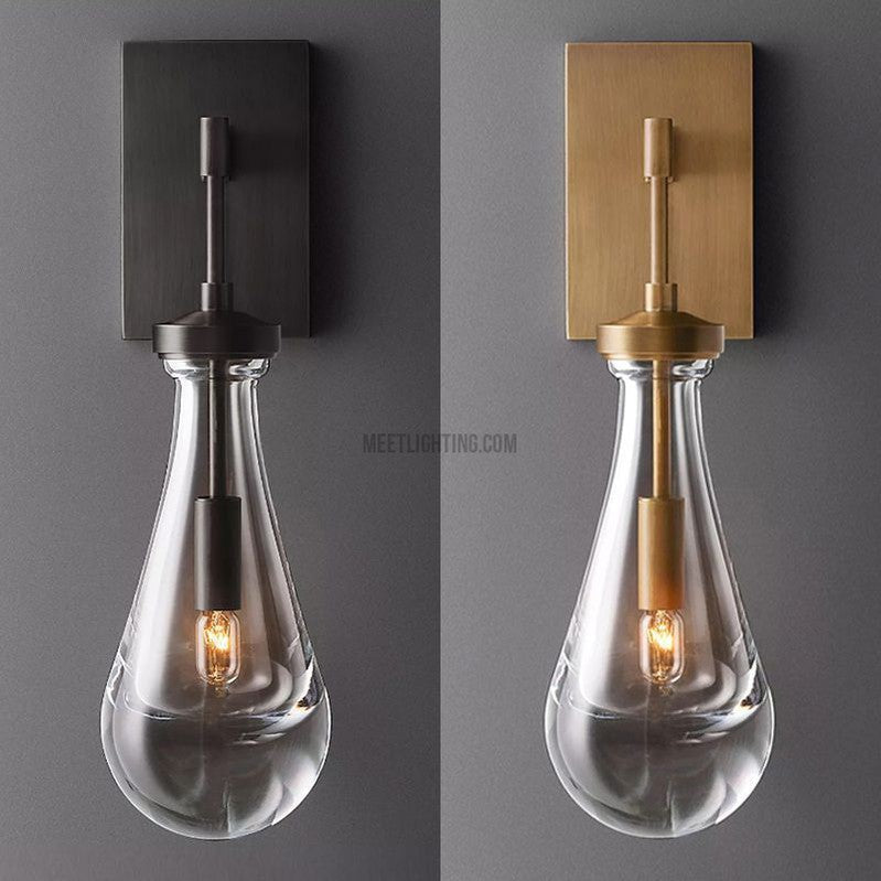 Hand-Blown Glass Wall Sconce with Teardrop Shade – Modern Brass Lighting for Bedroom, Hallway & Living Room