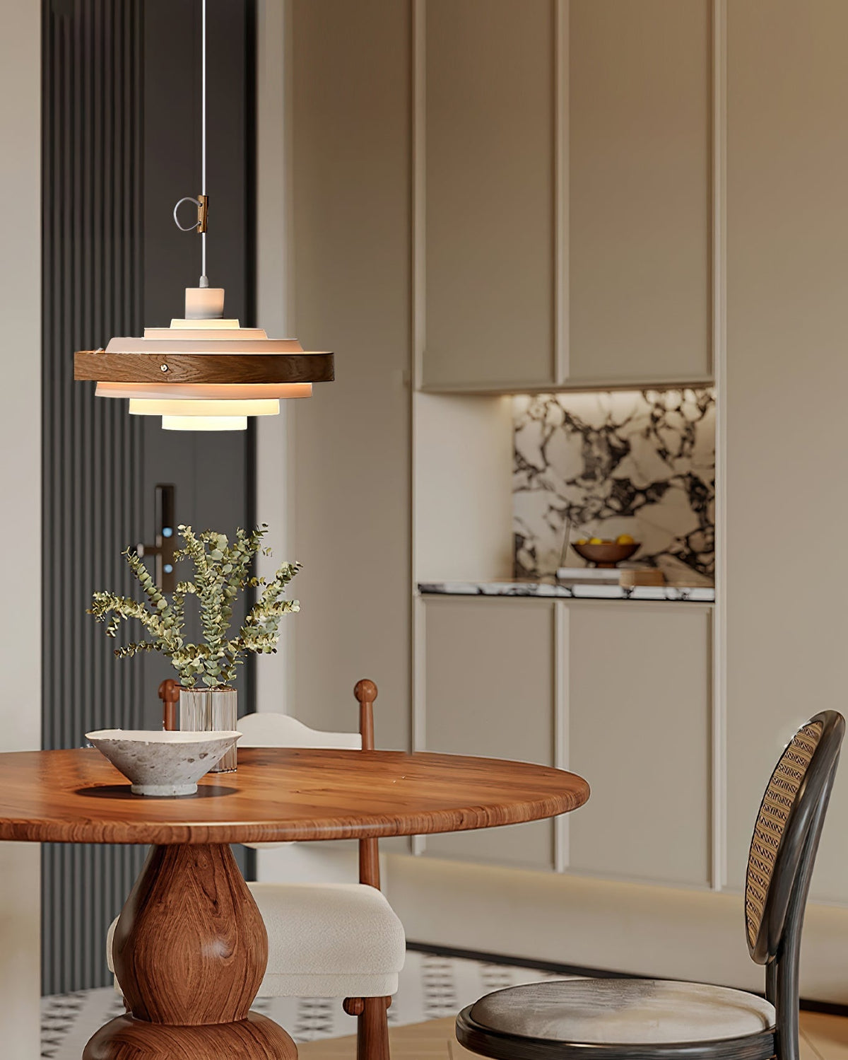 Swing Arm Ceiling Fixture with Layered Wood & Metal Shade – 16 in Diameter – Adjustable for Dining Room Kitchen Island Workspace – E26 Socke