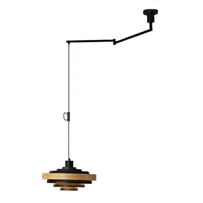 Swing Arm Ceiling Fixture with Layered Wood & Metal Shade – 16 in Diameter – Adjustable for Dining Room Kitchen Island Workspace – E26 Socke