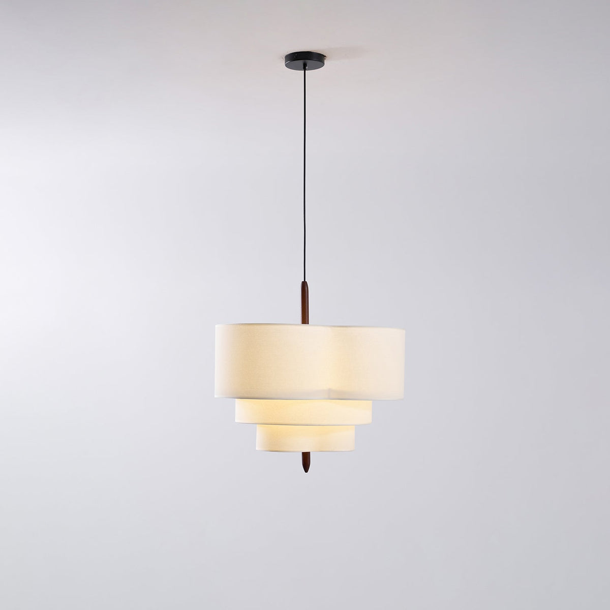 Layered Fabric Chandelier with Wood Accent 3-Light Adjustable Hanging Fixture for Dining Tables & Kitchens Modern Ambient Ceiling Light