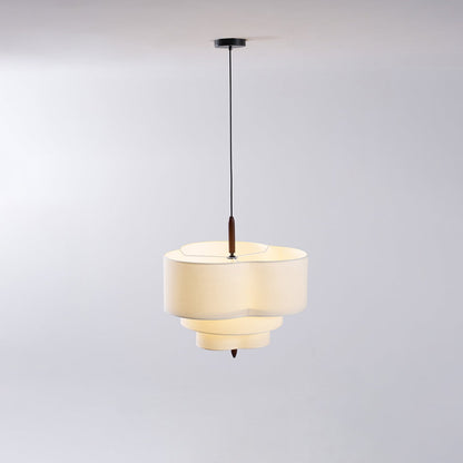 Layered Fabric Chandelier with Wood Accent 3-Light Adjustable Hanging Fixture for Dining Tables & Kitchens Modern Ambient Ceiling Light