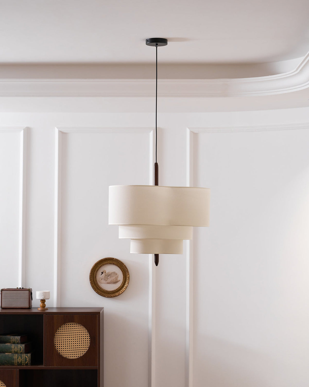 Layered Fabric Chandelier with Wood Accent 3-Light Adjustable Hanging Fixture for Dining Tables & Kitchens Modern Ambient Ceiling Light