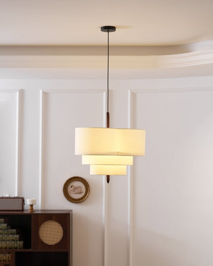 Layered Fabric Chandelier with Wood Accent 3-Light Adjustable Hanging Fixture for Dining Tables & Kitchens Modern Ambient Ceiling Light