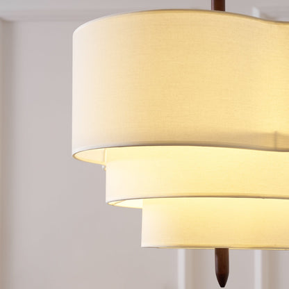 Layered Fabric Chandelier with Wood Accent 3-Light Adjustable Hanging Fixture for Dining Tables & Kitchens Modern Ambient Ceiling Light