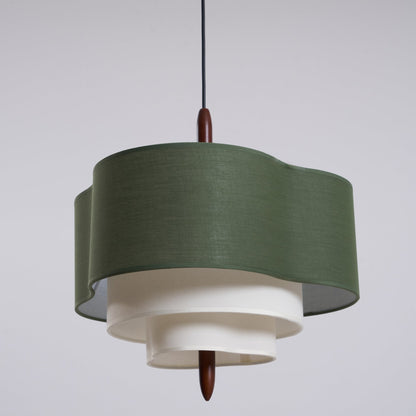 Layered Fabric Chandelier with Wood Accent 3-Light Adjustable Hanging Fixture for Dining Tables & Kitchens Modern Ambient Ceiling Light