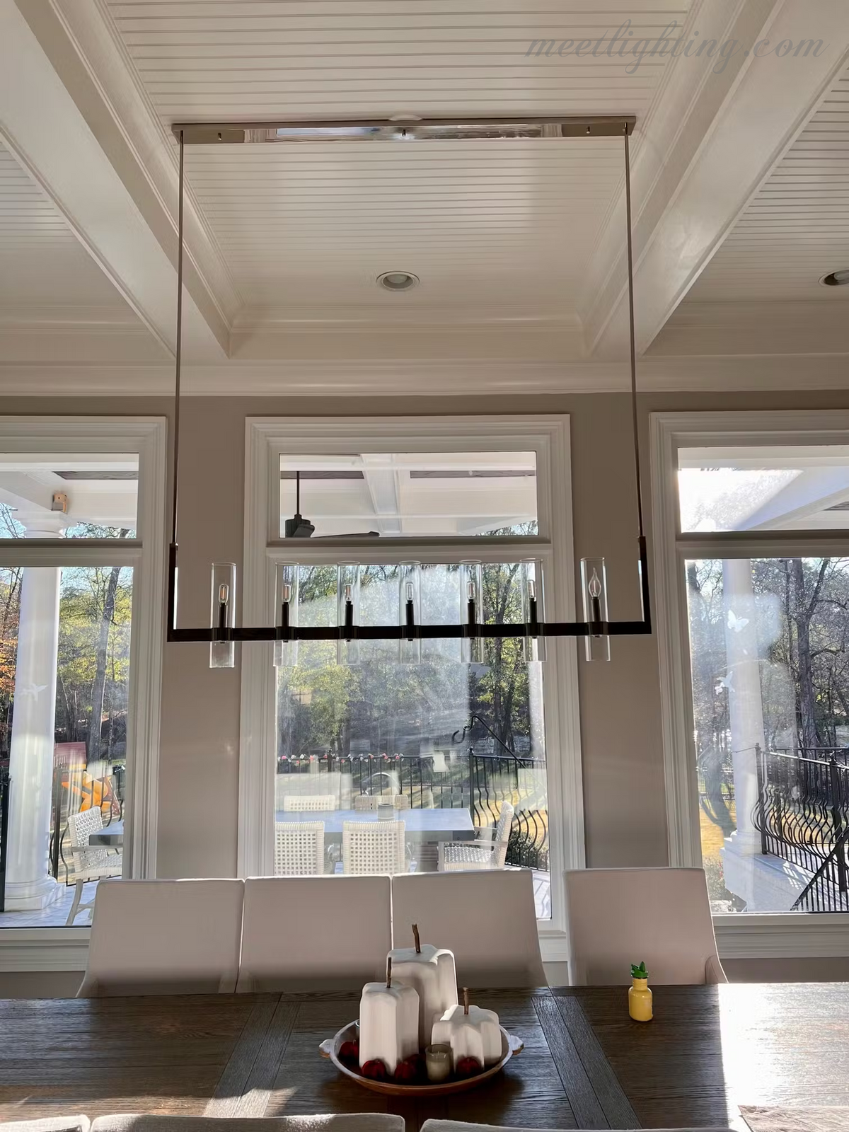 Linear Chandelier with Hand-Blown Glass Shades 59 in – 7-Light Contemporary Metal Fixture for Dining Room & Kitchen