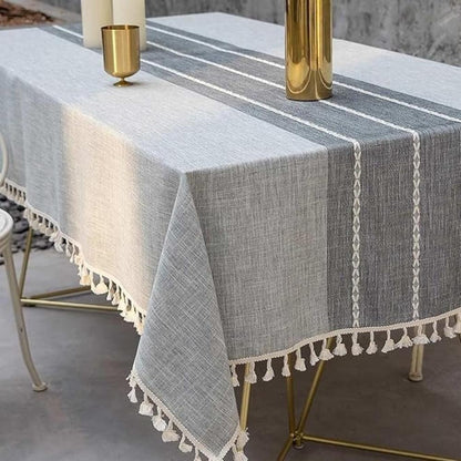Ravello Linen Tablecloth - Geometric Pattern with Tassels, Stain-Resistant