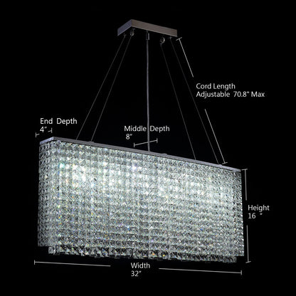 Linear Crystal Chandelier Chrome Finish Rectangular Dining Room Light Fixture Adjustable Height for Kitchen Island Living Room
