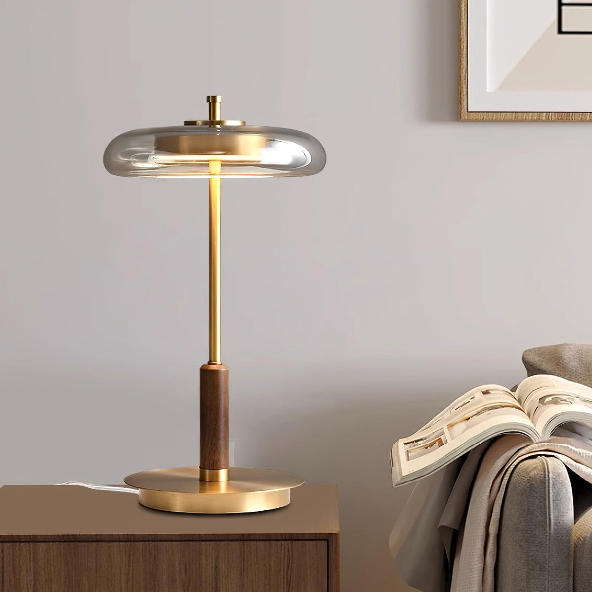 Amber Glass Bedside Lamp with Brass Base 8.6 in Diameter Warm Glow 7W LED Lighting Nightstand Accent for Bedroom Office Contemporary Decorat