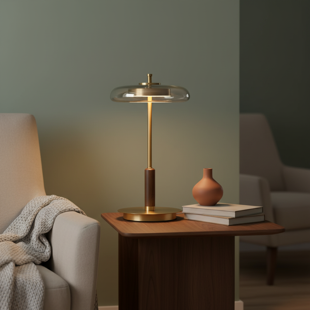Amber Glass Bedside Lamp with Brass Base 8.6 in Diameter Warm Glow 7W LED Lighting Nightstand Accent for Bedroom Office Contemporary Decorat