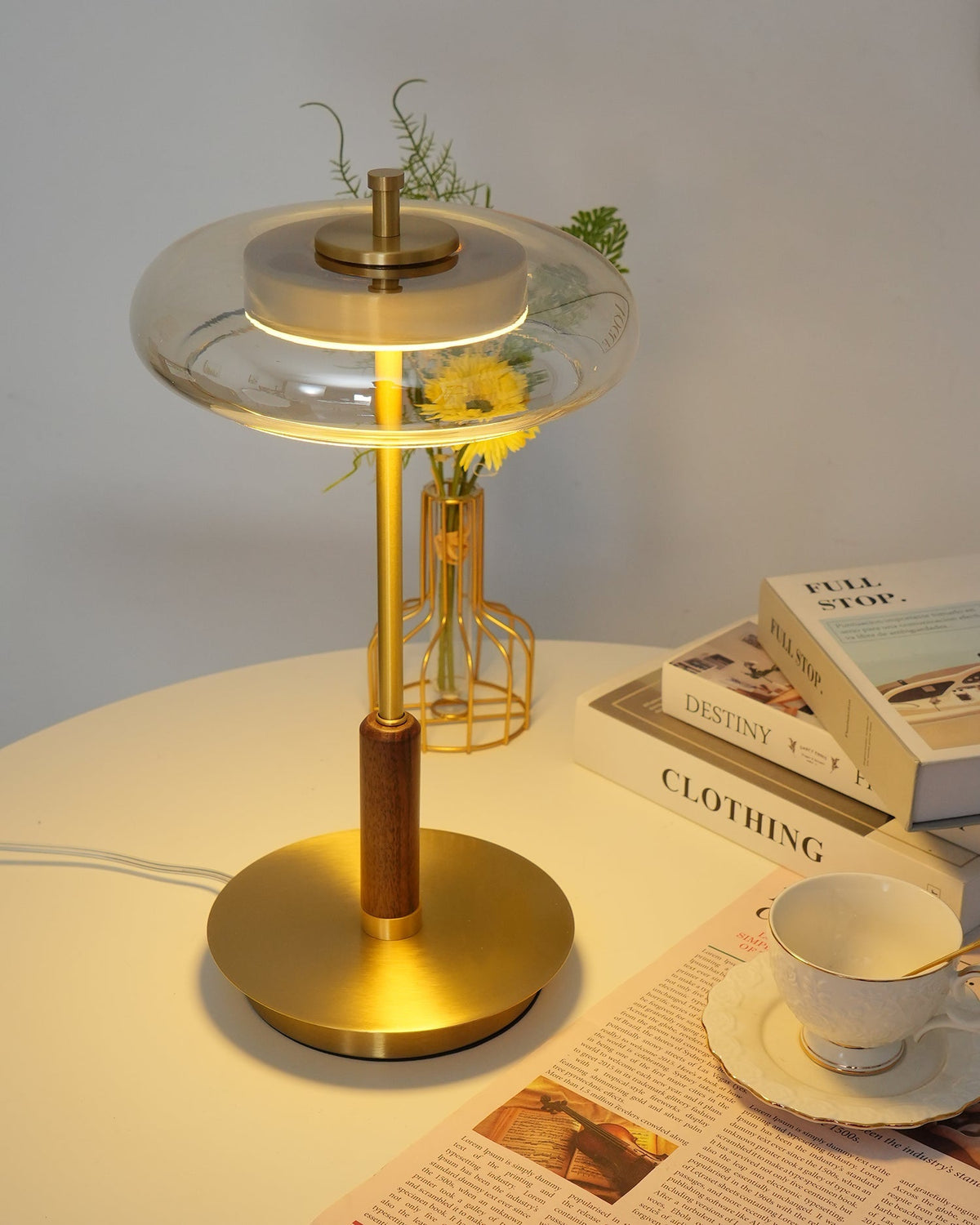 Amber Glass Bedside Lamp with Brass Base 8.6 in Diameter Warm Glow 7W LED Lighting Nightstand Accent for Bedroom Office Contemporary Decorat
