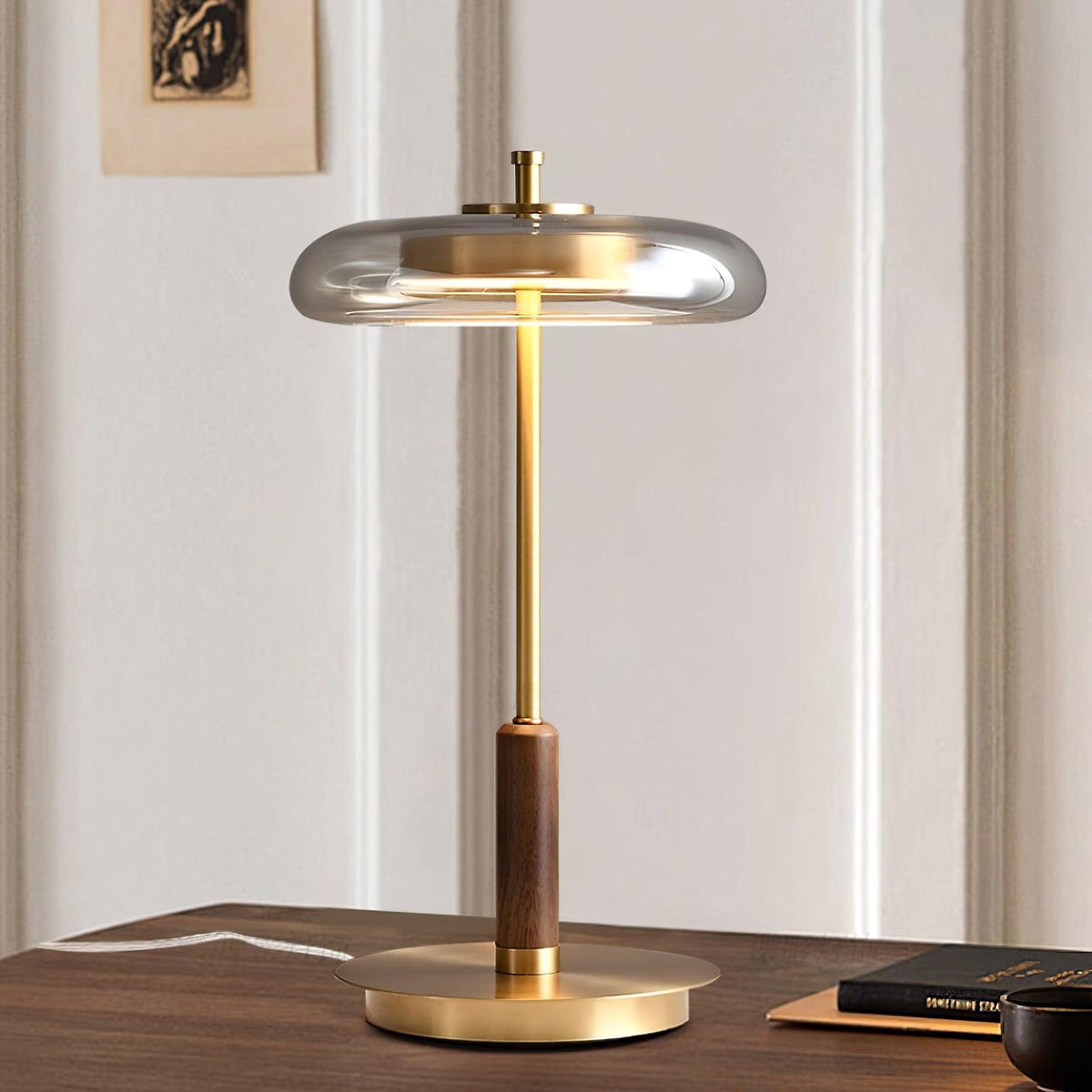 Amber Glass Bedside Lamp with Brass Base 8.6 in Diameter Warm Glow 7W LED Lighting Nightstand Accent for Bedroom Office Contemporary Decorat