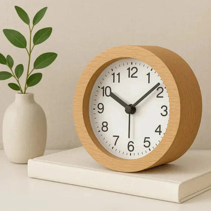 Wooden Alarm Clock with LED Nightlight Silent Non-Ticking Snooze Beechwood Bedside Desk Clock for Bedroom Office Kids