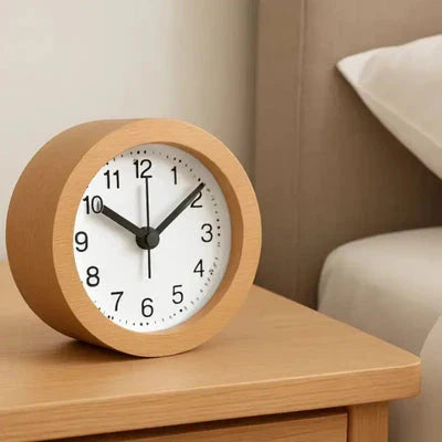 Wooden Alarm Clock with LED Nightlight Silent Non-Ticking Snooze Beechwood Bedside Desk Clock for Bedroom Office Kids