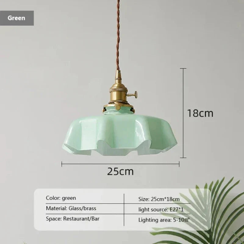 Wavy Glass Hanging Light 9 in Pastel Shade Brass Accent for Kitchen Island Dining Room Adjustable Drop E27 Bulb Socket Vintage French Style
