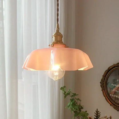 Wavy Glass Hanging Light 9 in Pastel Shade Brass Accent for Kitchen Island Dining Room Adjustable Drop E27 Bulb Socket Vintage French Style