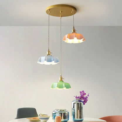 Wavy Glass Hanging Light 9 in Pastel Shade Brass Accent for Kitchen Island Dining Room Adjustable Drop E27 Bulb Socket Vintage French Style