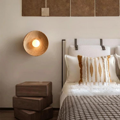 Sconce Light with Glass Globe and Wood Base for Bedrooms, Hallways, Living Rooms – 10.6 in Round Ambient Fixture – Scandinavian Minimalist J