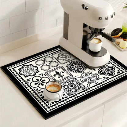 Vintage-Inspired Quick-Dry Kitchen Counter Mat for Coffee Bars, Dish Drying & Sink Areas – Absorbent Non-Slip Rubber Base – Decorative