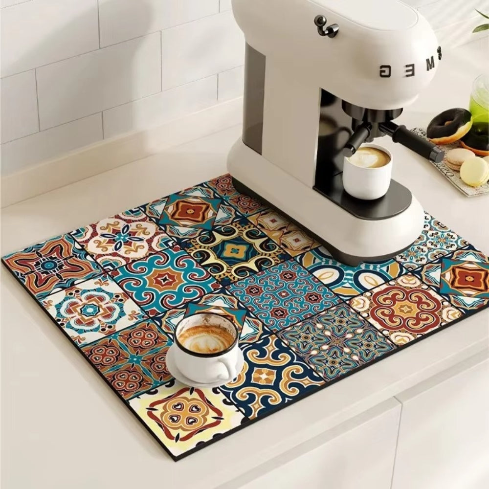 Vintage-Inspired Quick-Dry Kitchen Counter Mat for Coffee Bars, Dish Drying & Sink Areas – Absorbent Non-Slip Rubber Base – Decorative