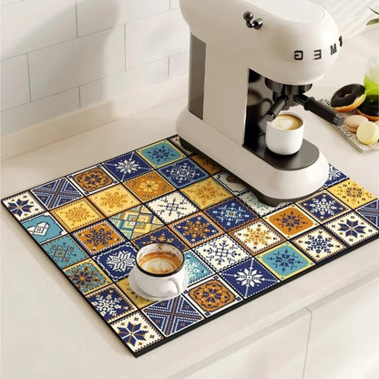 Vintage-Inspired Quick-Dry Kitchen Counter Mat for Coffee Bars, Dish Drying & Sink Areas – Absorbent Non-Slip Rubber Base – Decorative