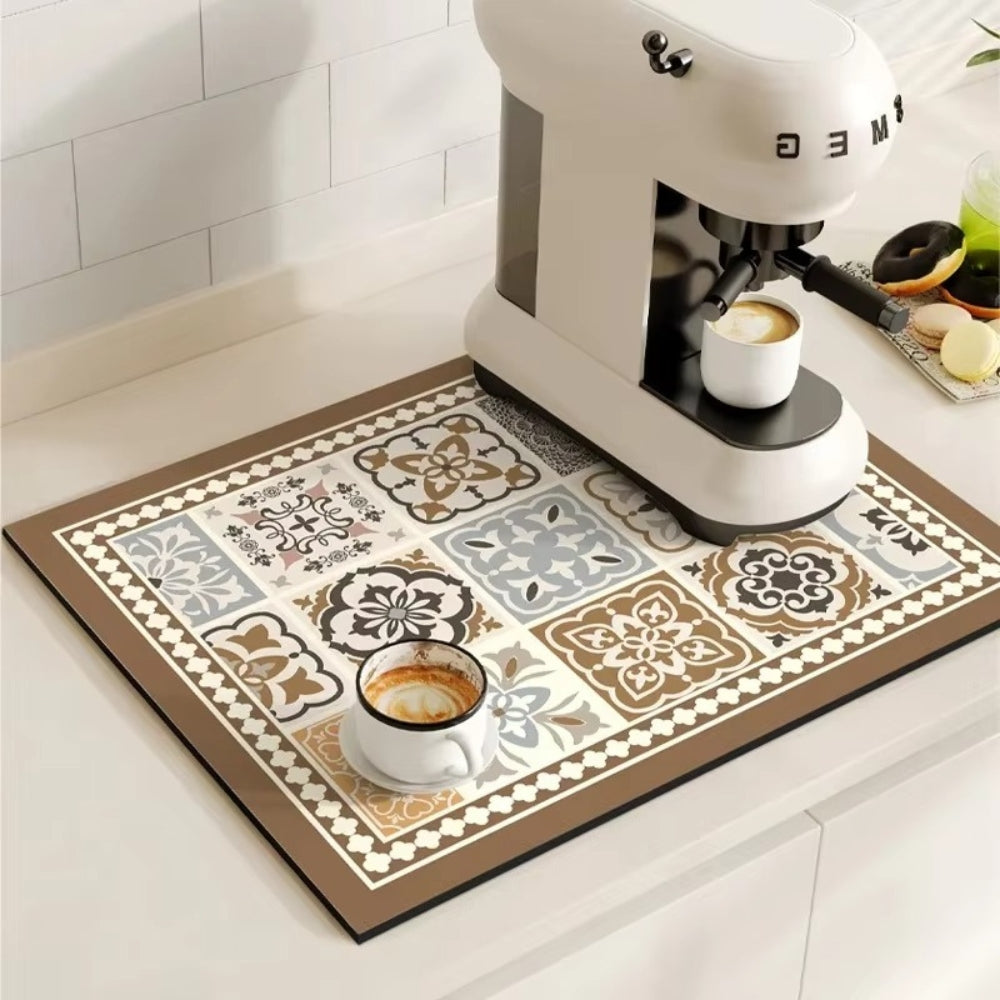 Vintage-Inspired Quick-Dry Kitchen Counter Mat for Coffee Bars, Dish Drying & Sink Areas – Absorbent Non-Slip Rubber Base – Decorative