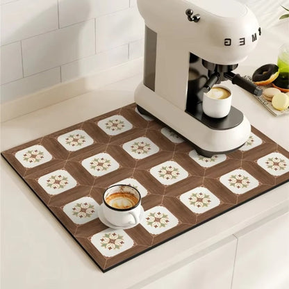 Vintage-Inspired Quick-Dry Kitchen Counter Mat for Coffee Bars, Dish Drying & Sink Areas – Absorbent Non-Slip Rubber Base – Decorative