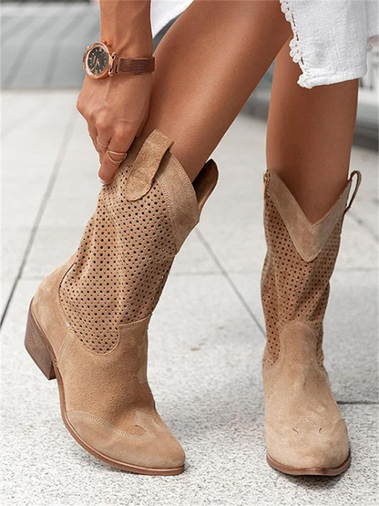 Women's Mid-Calf Leather Western Boots – Cowgirl Style with Cushioned Lining for Everyday Comfort