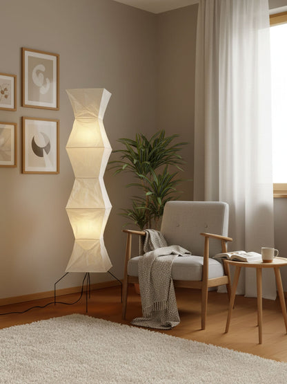Japanese-Inspired Paper Floor Lamp White Mulberry Shade Tall Standing Light for Living Room Bedroom Reading Nook Sculptural Accent