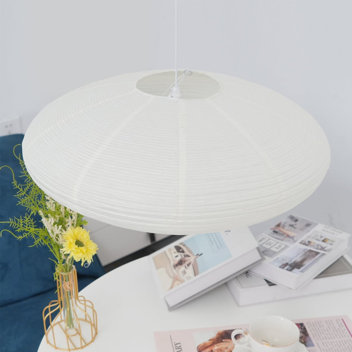 Handcrafted Paper Shade Ceiling Light with Adjustable Cord White Hanging Fixture for Bedroom Living Room Kitchen Dining Modern Indoor Lamp