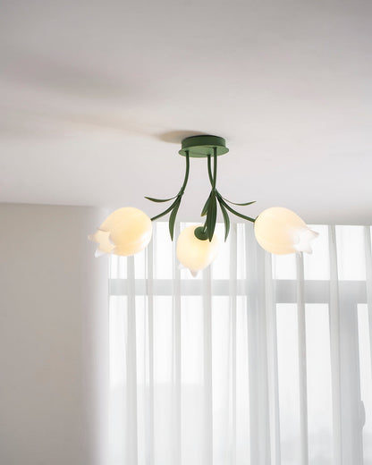 Flush Mount Floral Ceiling Light Fixture with Multi-Head LED Design for Bedroom, Living Room & Bathroom | Green White Acrylic Shades | Dimma