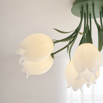 Flush Mount Floral Ceiling Light Fixture with Multi-Head LED Design for Bedroom, Living Room & Bathroom | Green White Acrylic Shades | Dimma