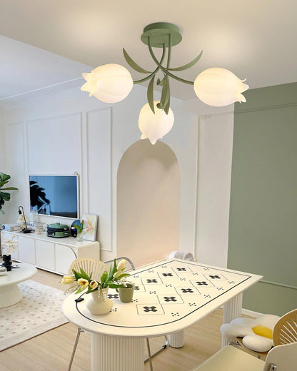 Flush Mount Floral Ceiling Light Fixture with Multi-Head LED Design for Bedroom, Living Room & Bathroom | Green White Acrylic Shades | Dimma