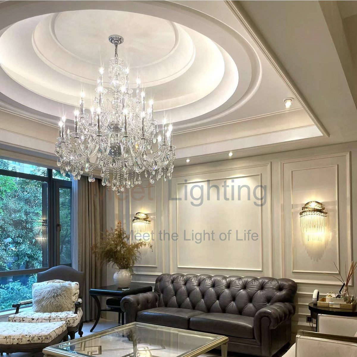 18-Light Crystal Chandelier Round Iron Frame 33 Inches Adjustable Chain Dining Room Entryway Grand Foyer Bedroom Statement Fixture