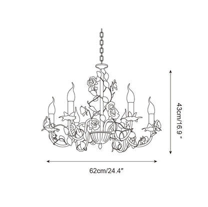 Ceramic Flower Multi-Arm Overhead Light Fixture 30 Inch Pink White Green Metal Frame Adjustable Chain E14 Socket for Dining Room Living Room