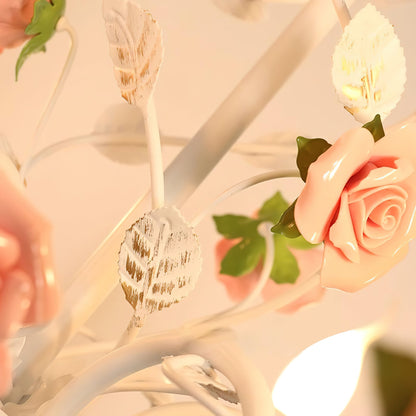 Ceramic Flower Multi-Arm Overhead Light Fixture 30 Inch Pink White Green Metal Frame Adjustable Chain E14 Socket for Dining Room Living Room