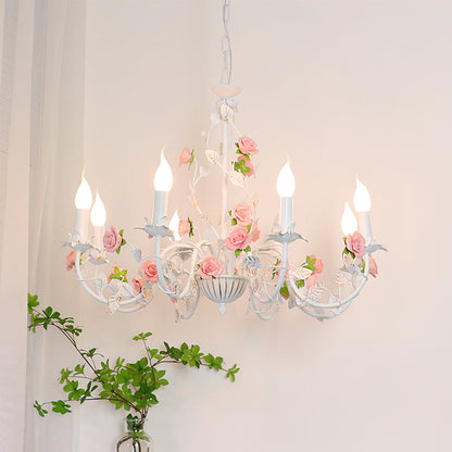 Ceramic Flower Multi-Arm Overhead Light Fixture 30 Inch Pink White Green Metal Frame Adjustable Chain E14 Socket for Dining Room Living Room