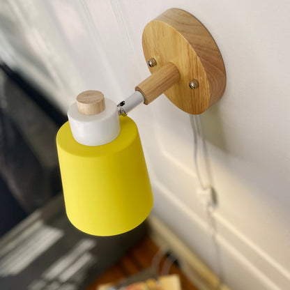 Adjustable Wood & Metal Sconce 7.5 in Yellow Plug-In Task Light for Nightstand Bedrooms Home Office Swivel Arm Accent Lighting