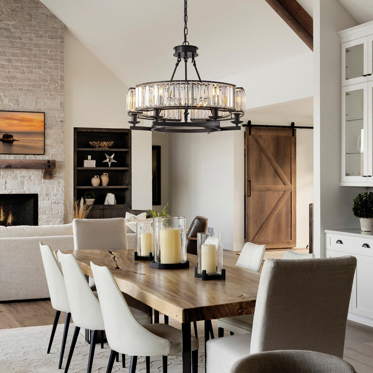 Wagon Wheel Crystal Fixture Matte Black Adjustable Hanging Light 31 Inch Dining Room Farmhouse Ceiling Lighting for Kitchen Island Living Ro