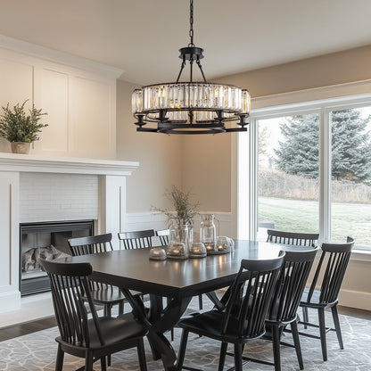 Wagon Wheel Crystal Fixture Matte Black Adjustable Hanging Light 31 Inch Dining Room Farmhouse Ceiling Lighting for Kitchen Island Living Ro