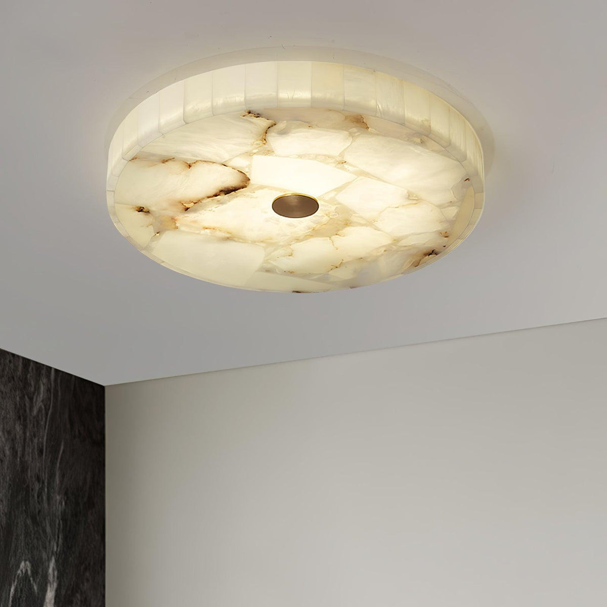 Flush Mount LED Ceiling Light 20 in Round Alabaster Stone Mosaic Pattern for Bedroom Living Room Dining Room Kitchen White Gold Metal Frame