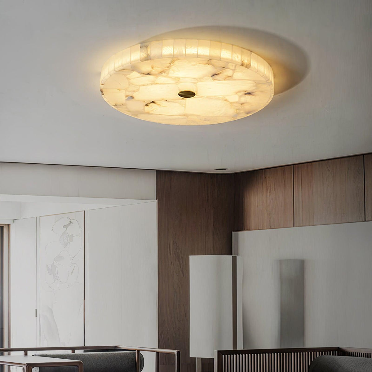 Flush Mount LED Ceiling Light 20 in Round Alabaster Stone Mosaic Pattern for Bedroom Living Room Dining Room Kitchen White Gold Metal Frame