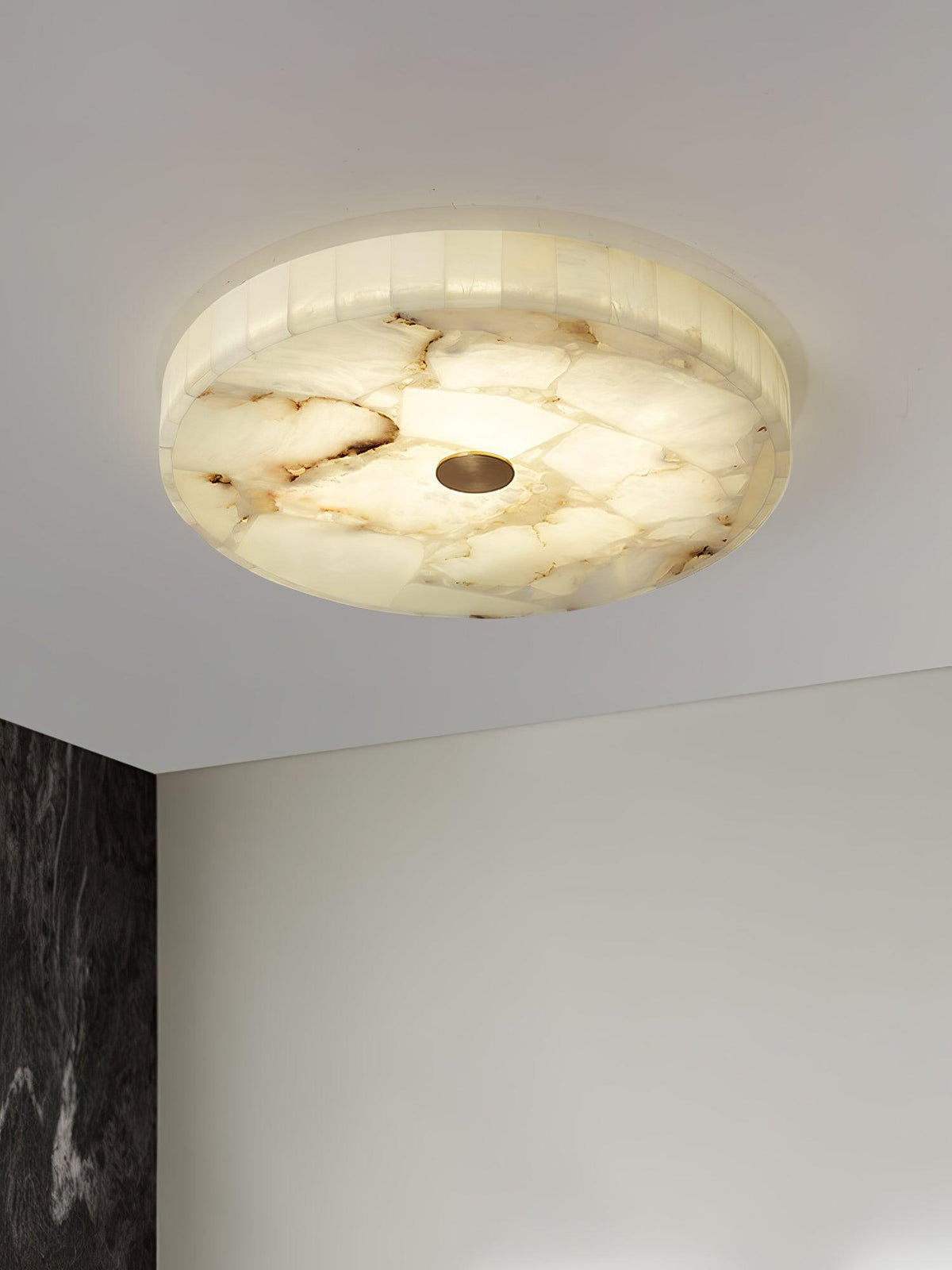 Flush Mount LED Ceiling Light 20 in Round Alabaster Stone Mosaic Pattern for Bedroom Living Room Dining Room Kitchen White Gold Metal Frame