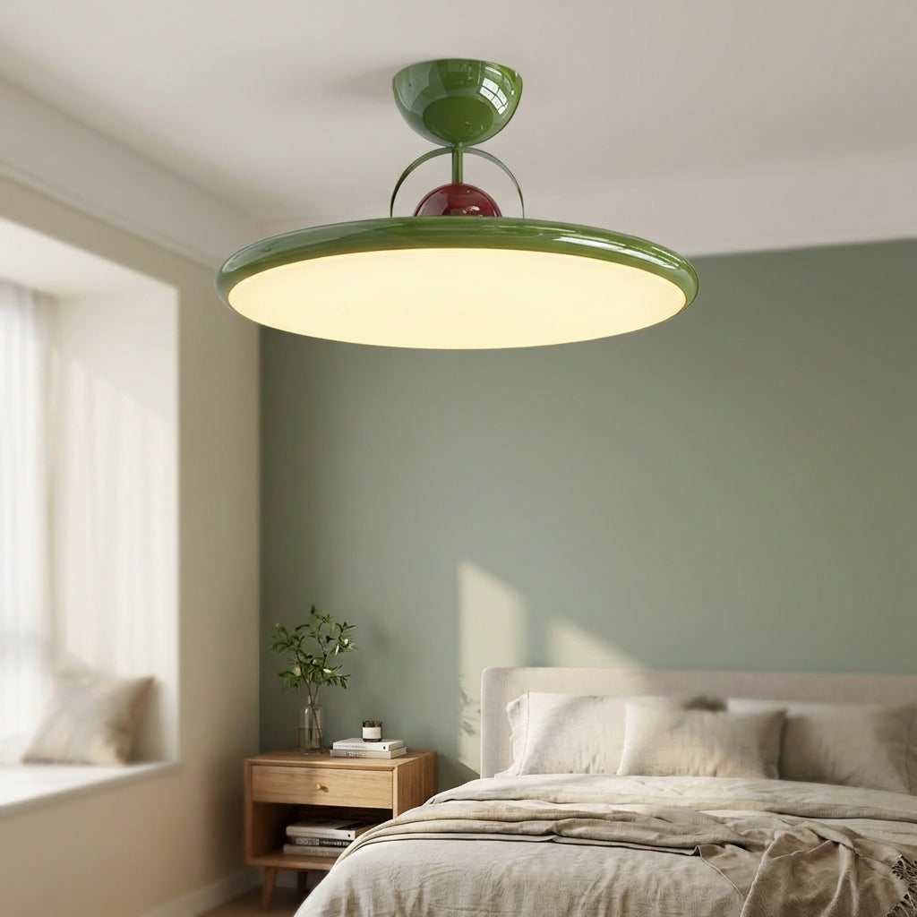 Round Flush Mount Fixture with Acrylic Shade 20 in Mid-Century Modern Green Glossy Finish for Dining Room Bedroom Kitchen LED Compatible Low