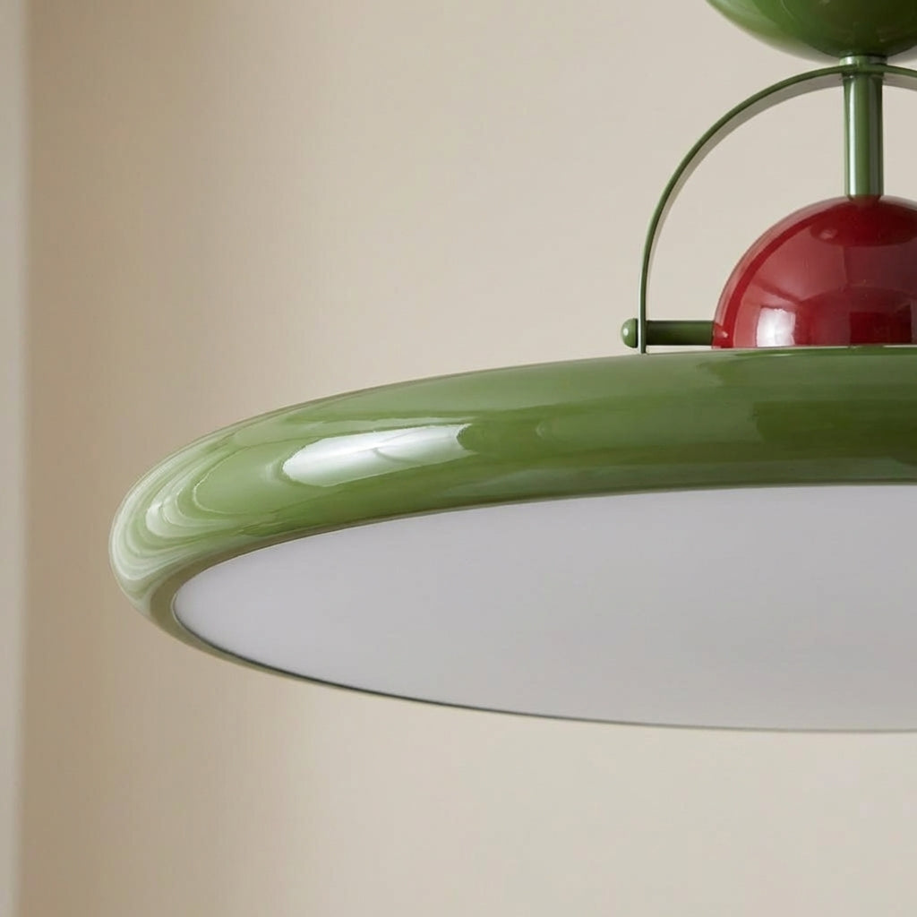 Round Flush Mount Fixture with Acrylic Shade 20 in Mid-Century Modern Green Glossy Finish for Dining Room Bedroom Kitchen LED Compatible Low