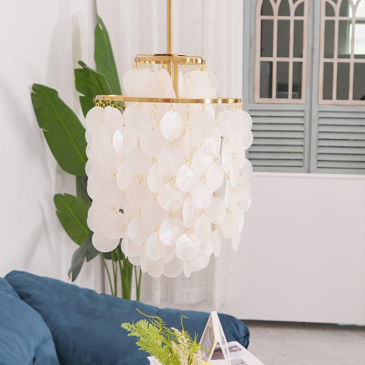 Cascading Shell Pendant Light Fixture Chrome Finish 28 Inches Adjustable Hanging Ceiling Lamp for Dining Room Kitchen Island Open Living Spa