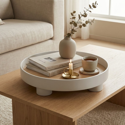 Bandeja de café redonda de madera con incrustaciones de roble y borde negro: bandeja decorativa elevada para una decoración de mesa con estilo