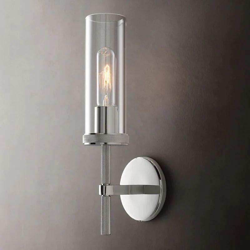 Cylindrical Glass Wall Sconce Light Fixture with Metal Backplate for Hallway Bedroom Living Room Entryway Bathroom