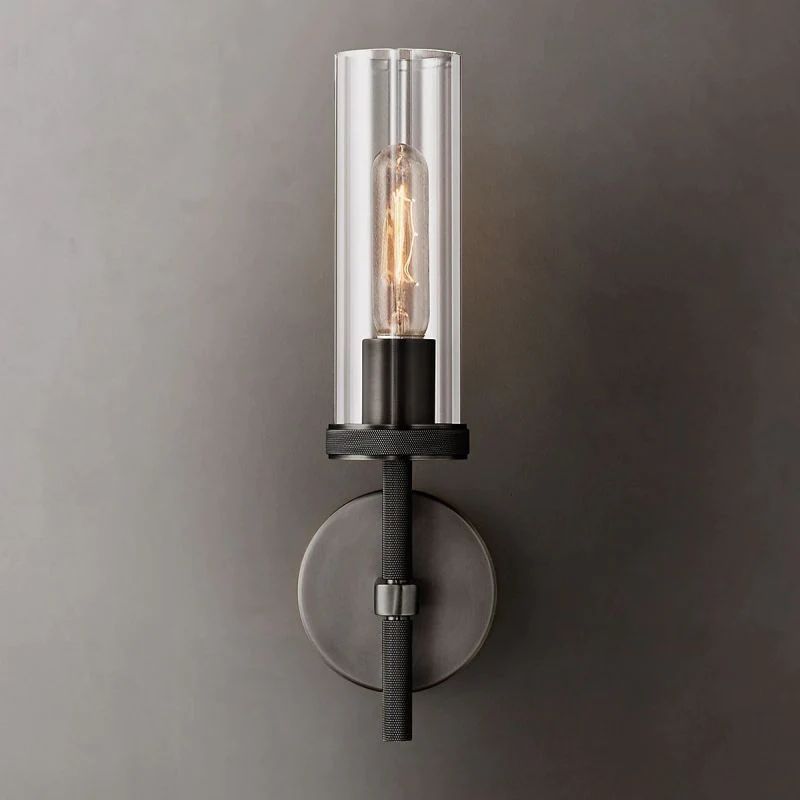 Cylindrical Glass Wall Sconce Light Fixture with Metal Backplate for Hallway Bedroom Living Room Entryway Bathroom