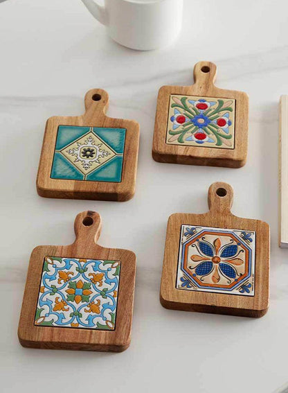 Rustic Ceramic Coaster with Solid Wood Base – Stylish Heat Resistant Drink Protector